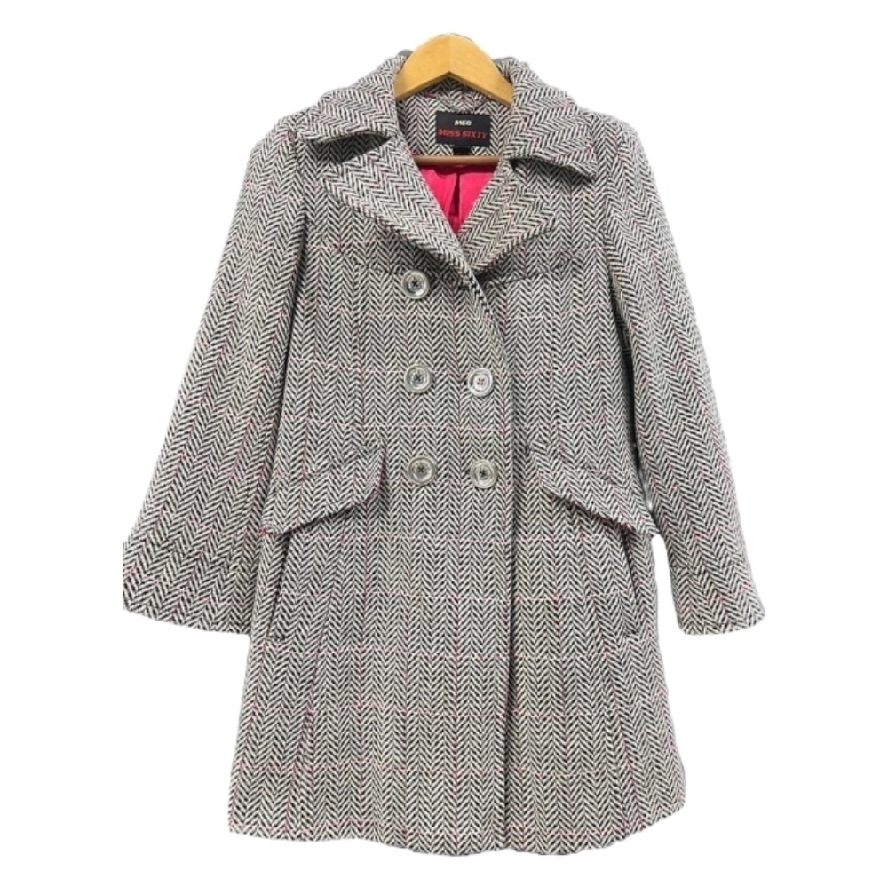 Miss Sixty Cream and Brown Woolblend Terringbone Tweed Pea Coat Size Small
